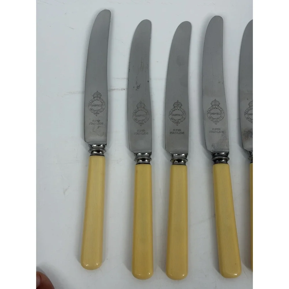 Vintage Sheffield Dinner Knives Set 6‎ Yellow Handle MCM Retro Flatware